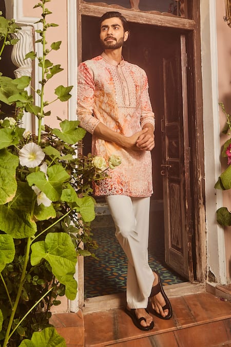 Buy_Asuka_Peach Silk Diamonds Dori Embroidered Kurta Set _Online_at_Aza_Fashions