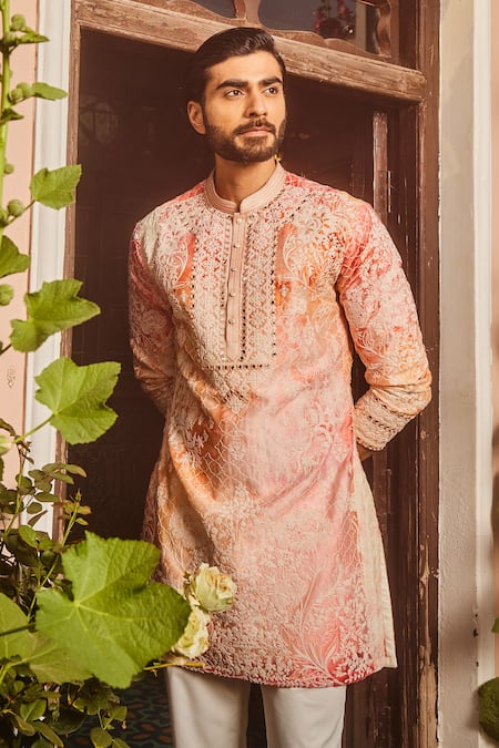 Shop_Asuka_Peach Silk Diamonds Dori Embroidered Kurta Set _Online_at_Aza_Fashions