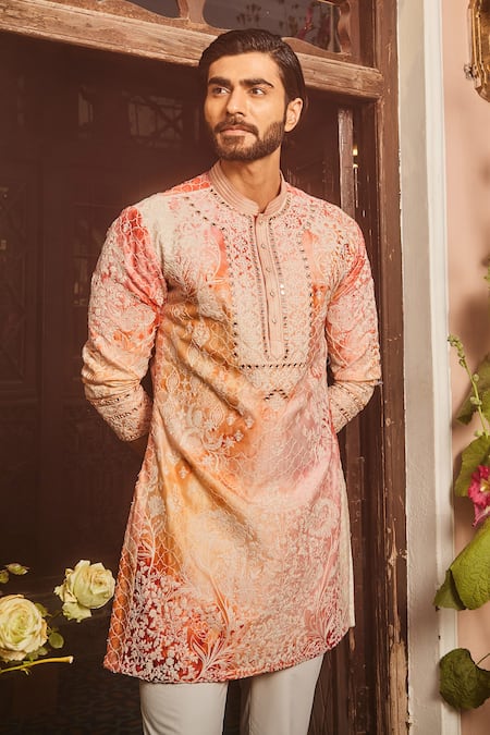 Asuka_Peach Silk Diamonds Dori Embroidered Kurta Set _at_Aza_Fashions