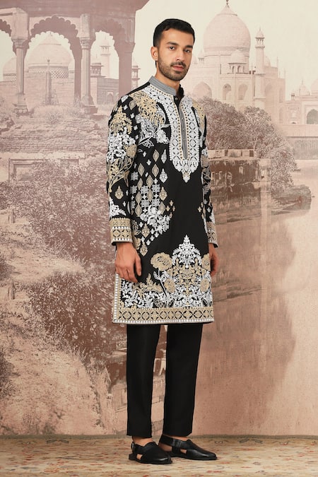 Buy Asuka Black Chanderi Silk Floral Dori Embroidered Kurta Set Online at Aza Fashions Buy_Asuka_Black Chanderi Silk Floral Dori Embroidered Kurta Set _Online_at_Aza_Fashions