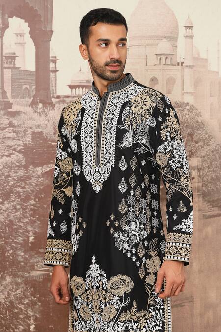Shop Asuka Black Chanderi Silk Floral Dori Embroidered Kurta Set Online at Aza Fashions Shop_Asuka_Black Chanderi Silk Floral Dori Embroidered Kurta Set _Online_at_Aza_Fashions