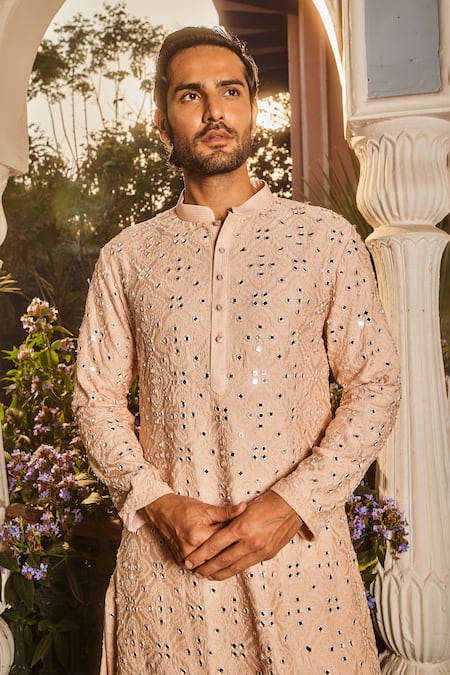 Asuka Peach Chanderi Silk Mirrors Geometric Embroidered Kurta Set Online at Aza Fashions Asuka_Peach Chanderi Silk Mirrors Geometric Embroidered Kurta Set _Online_at_Aza_Fashions