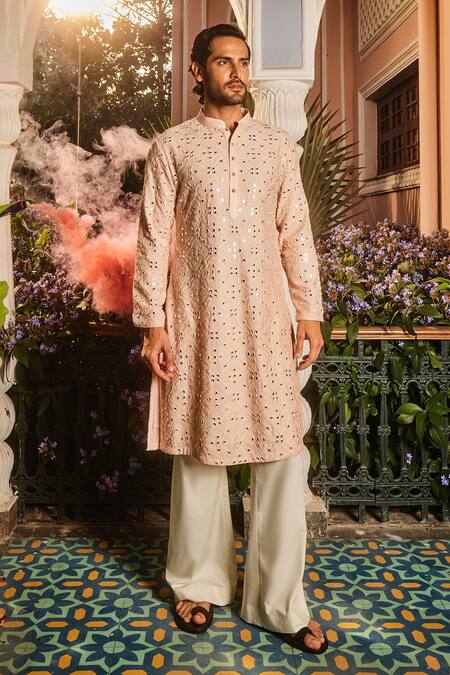 Buy Asuka Peach Chanderi Silk Mirrors Geometric Embroidered Kurta Set Online at Aza Fashions Buy_Asuka_Peach Chanderi Silk Mirrors Geometric Embroidered Kurta Set _Online_at_Aza_Fashions