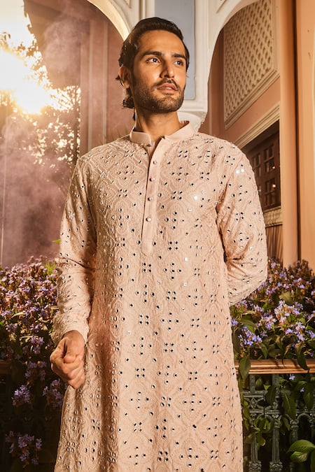 Shop Asuka Peach Chanderi Silk Mirrors Geometric Embroidered Kurta Set Online at Aza Fashions Shop_Asuka_Peach Chanderi Silk Mirrors Geometric Embroidered Kurta Set _Online_at_Aza_Fashions