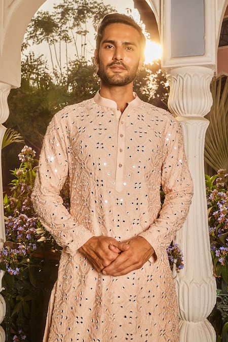 Asuka Peach Chanderi Silk Mirrors Geometric Embroidered Kurta Set at Aza Fashions Asuka_Peach Chanderi Silk Mirrors Geometric Embroidered Kurta Set _at_Aza_Fashions