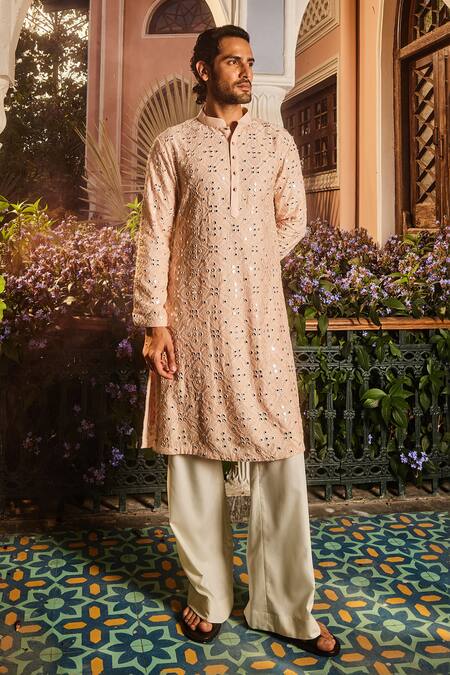 Buy Asuka Peach Chanderi Silk Mirrors Geometric Embroidered Kurta Set Buy_Asuka_Peach Chanderi Silk Mirrors Geometric Embroidered Kurta Set