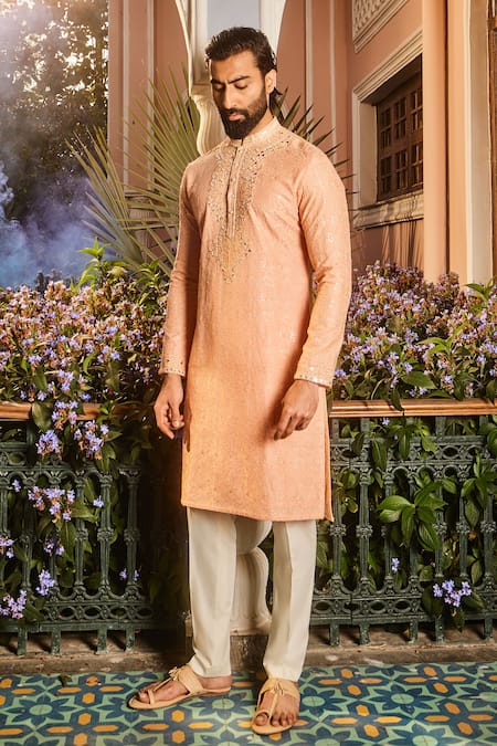 Shop Asuka Peach Chanderi Silk Diamonds Dori Embroidered Kurta Set at Aza Fashions Shop_Asuka_Peach Chanderi Silk Diamonds Dori Embroidered Kurta Set _at_Aza_Fashions