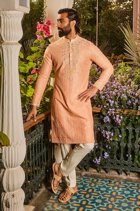 Asuka Peach Chanderi Silk Diamonds Dori Embroidered Kurta Set Online at Aza Fashions Asuka_Peach Chanderi Silk Diamonds Dori Embroidered Kurta Set _Online_at_Aza_Fashions