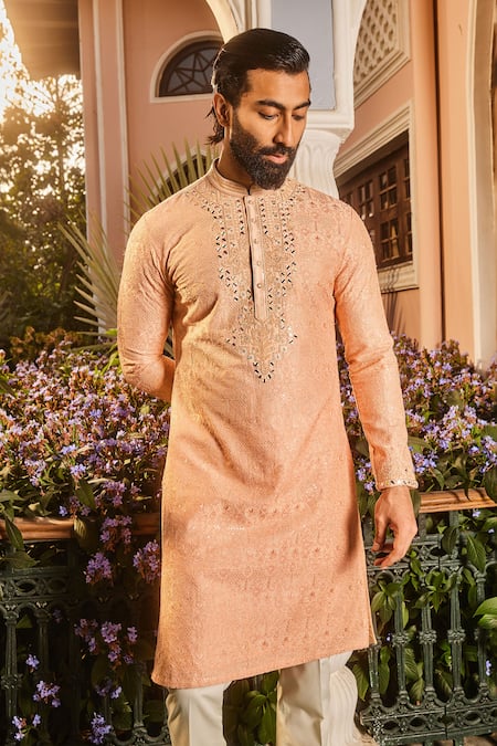 Buy Asuka Peach Chanderi Silk Diamonds Dori Embroidered Kurta Set Online at Aza Fashions Buy_Asuka_Peach Chanderi Silk Diamonds Dori Embroidered Kurta Set _Online_at_Aza_Fashions