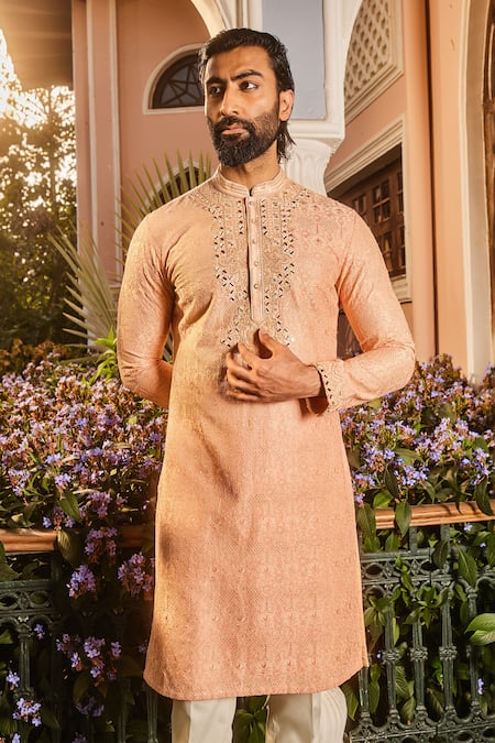 Shop Asuka Peach Chanderi Silk Diamonds Dori Embroidered Kurta Set Online at Aza Fashions Shop_Asuka_Peach Chanderi Silk Diamonds Dori Embroidered Kurta Set _Online_at_Aza_Fashions
