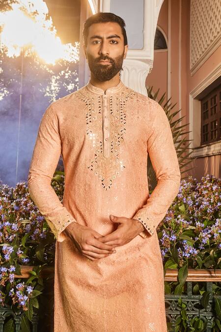 Asuka Peach Chanderi Silk Diamonds Dori Embroidered Kurta Set at Aza Fashions Asuka_Peach Chanderi Silk Diamonds Dori Embroidered Kurta Set _at_Aza_Fashions