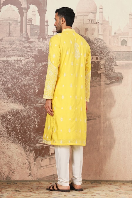 Shop Asuka Yellow Chanderi Silk, Cotton Sequins Dahlia Embroidered Kurta Set at Aza Fashions Shop_Asuka_Yellow Chanderi Silk, Cotton Sequins Dahlia Embroidered Kurta Set _at_Aza_Fashions