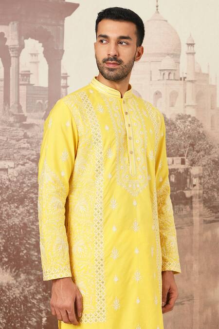 Asuka Yellow Chanderi Silk, Cotton Sequins Dahlia Embroidered Kurta Set Online at Aza Fashions Asuka_Yellow Chanderi Silk, Cotton Sequins Dahlia Embroidered Kurta Set _Online_at_Aza_Fashions
