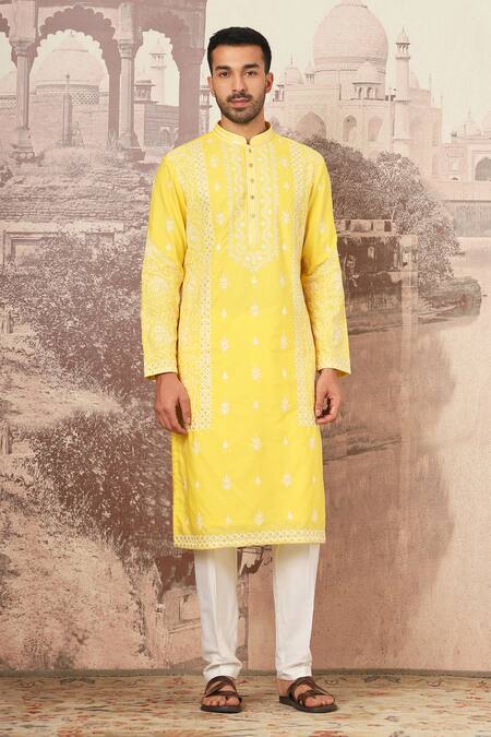 Shop Asuka Yellow Chanderi Silk, Cotton Sequins Dahlia Embroidered Kurta Set Online at Aza Fashions Shop_Asuka_Yellow Chanderi Silk, Cotton Sequins Dahlia Embroidered Kurta Set _Online_at_Aza_Fashions