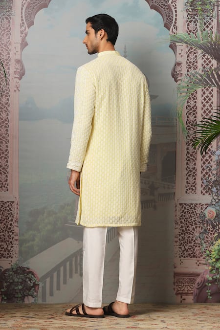 Shop Asuka Yellow Chanderi Silk Embroidery Daisy Kurta Set at Aza Fashions Shop_Asuka_Yellow Chanderi Silk Embroidery Daisy Kurta Set _at_Aza_Fashions