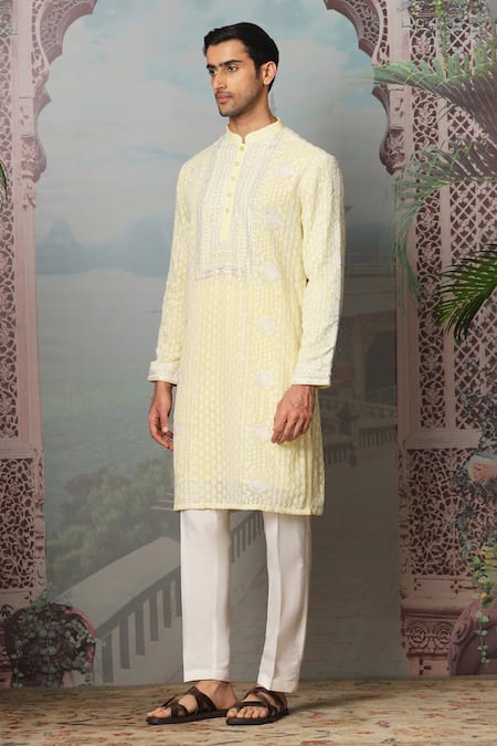 Asuka Yellow Chanderi Silk Embroidery Daisy Kurta Set Online at Aza Fashions Asuka_Yellow Chanderi Silk Embroidery Daisy Kurta Set _Online_at_Aza_Fashions