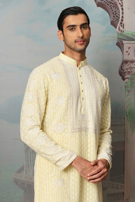 Buy Asuka Yellow Chanderi Silk Embroidery Daisy Kurta Set Online at Aza Fashions Buy_Asuka_Yellow Chanderi Silk Embroidery Daisy Kurta Set _Online_at_Aza_Fashions