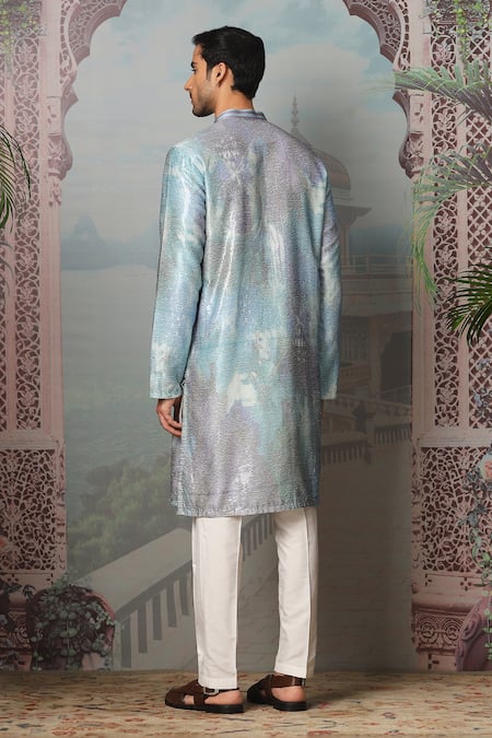 Shop_Asuka_Sky Blue Chanderi Silk Sequins Twilight Printed Kurta Set _at_Aza_Fashions