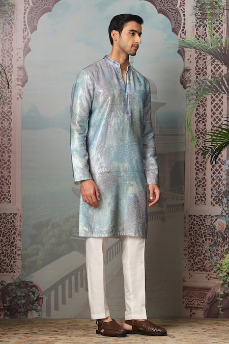 Asuka_Sky Blue Chanderi Silk Sequins Twilight Printed Kurta Set _Online_at_Aza_Fashions