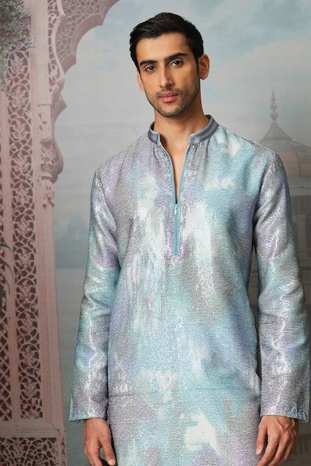 Buy_Asuka_Sky Blue Chanderi Silk Sequins Twilight Printed Kurta Set _Online_at_Aza_Fashions