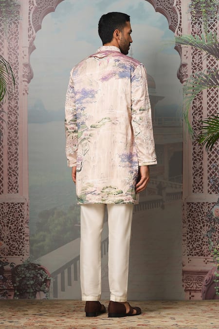 Shop Asuka Peach Linen Cut Work Fabled Garden Print Kurta Set at Aza Fashions Shop_Asuka_Peach Linen Cut Work Fabled Garden Print Kurta Set _at_Aza_Fashions