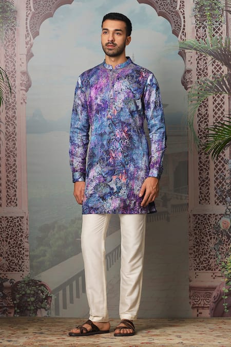 Buy_Asuka_Purple Linen Sequins Cosmic Night Sky Embroidered Kurta Set _Online_at_Aza_Fashions