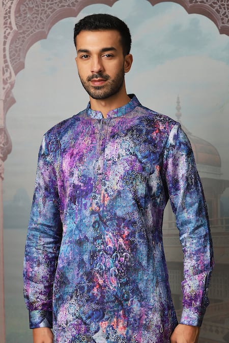 Shop_Asuka_Purple Linen Sequins Cosmic Night Sky Embroidered Kurta Set _Online_at_Aza_Fashions