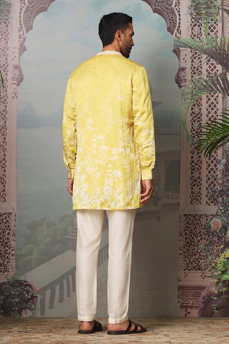 Shop Asuka Yellow Linen, Satin Zari Dandelion Print Kurta Set With Pant at Aza Fashions Shop_Asuka_Yellow Linen, Satin Zari Dandelion Print Kurta Set With Pant _at_Aza_Fashions