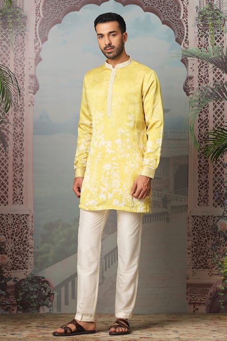 Buy Asuka Yellow Linen, Satin Zari Dandelion Print Kurta Set With Pant Online at Aza Fashions Buy_Asuka_Yellow Linen, Satin Zari Dandelion Print Kurta Set With Pant _Online_at_Aza_Fashions