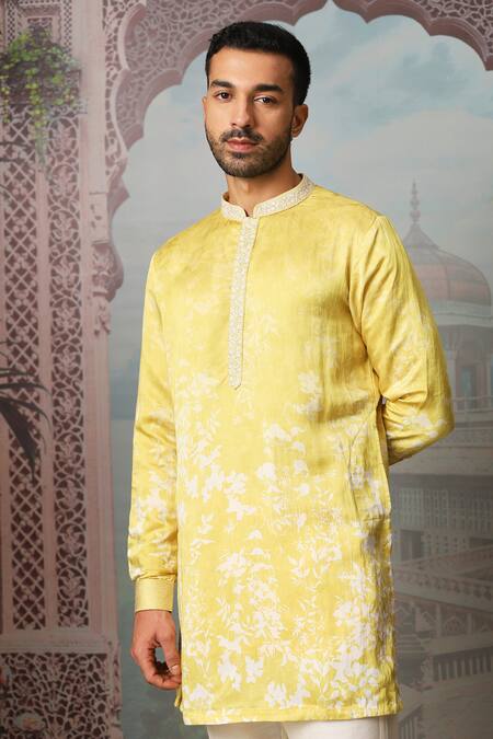 Shop Asuka Yellow Linen, Satin Zari Dandelion Print Kurta Set With Pant Online at Aza Fashions Shop_Asuka_Yellow Linen, Satin Zari Dandelion Print Kurta Set With Pant _Online_at_Aza_Fashions