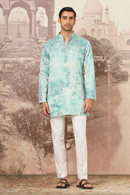 Buy_Asuka_Green Linen Embroidery Sage Floral Print Kurta Set _Online_at_Aza_Fashions