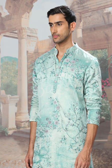 Shop_Asuka_Green Linen Embroidery Sage Floral Print Kurta Set _Online_at_Aza_Fashions