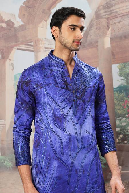 Shop Asuka Blue Silk Sequins Indigo Celestial Waves Kurta Set Online at Aza Fashions Shop_Asuka_Blue Silk Sequins Indigo Celestial Waves Kurta Set _Online_at_Aza_Fashions