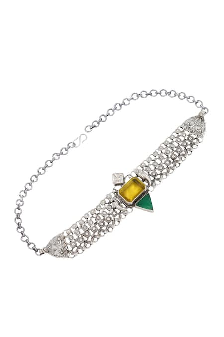 Sangeeta Boochra_Yellow Hydro Stone Carved Peacock Choker Necklace _Online_at_Aza_Fashions