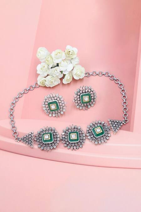 Sangeeta Boochra Checker Stone Studded Necklace Set 