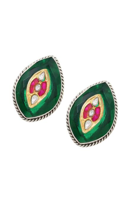Shop Sangeeta Boochra Green Zari Hydro Embellished Leaf Stud Earrings at Aza Fashions Shop_Sangeeta Boochra_Green Zari Hydro Embellished Leaf Stud Earrings _at_Aza_Fashions