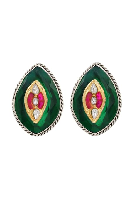 Sangeeta Boochra Green Zari Hydro Embellished Leaf Stud Earrings Online at Aza Fashions Sangeeta Boochra_Green Zari Hydro Embellished Leaf Stud Earrings _Online_at_Aza_Fashions