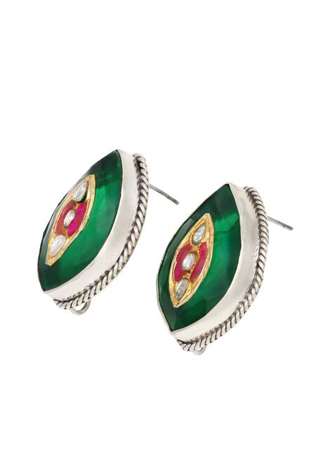 Shop Sangeeta Boochra Green Zari Hydro Embellished Leaf Stud Earrings Online at Aza Fashions Shop_Sangeeta Boochra_Green Zari Hydro Embellished Leaf Stud Earrings _Online_at_Aza_Fashions