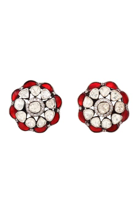 Sangeeta Boochra_Red Metallic Thread Florin Studs With Moissanite Embellishments _Online_at_Aza_Fashions