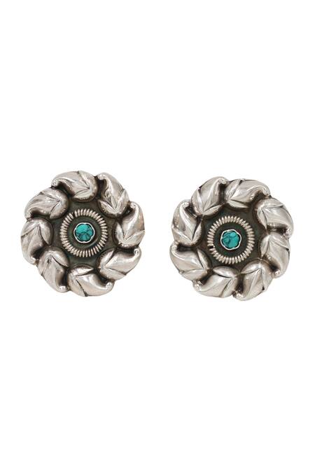 Sangeeta Boochra_Silver Plated Crystals Turquoise Stone Bloom Swerve Studs _Online_at_Aza_Fashions