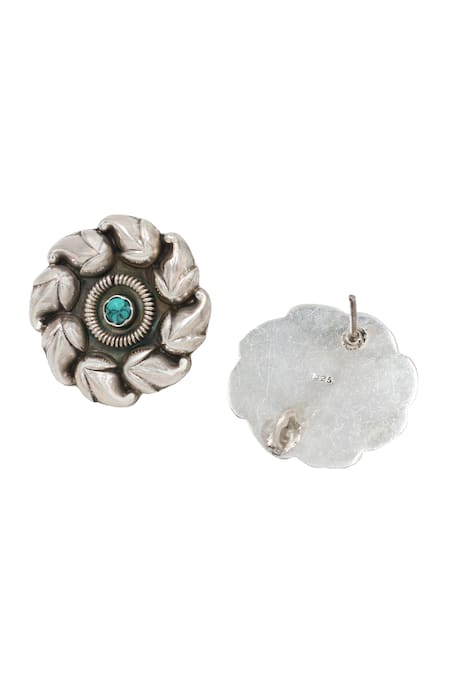 Buy_Sangeeta Boochra_Silver Plated Crystals Turquoise Stone Bloom Swerve Studs _Online_at_Aza_Fashions