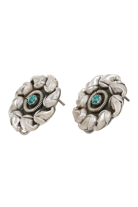 Shop_Sangeeta Boochra_Silver Plated Crystals Turquoise Stone Bloom Swerve Studs _Online_at_Aza_Fashions