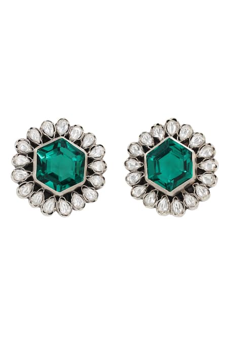 Shop Sangeeta Boochra Green Crystals Silver Hydro Bloom Studs at Aza Fashions Shop_Sangeeta Boochra_Green Crystals Silver Hydro Bloom Studs _at_Aza_Fashions