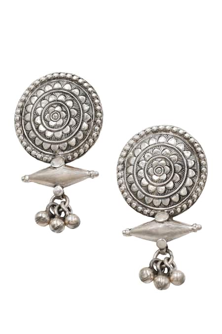 Shop Sangeeta Boochra Silver Plated Mandala Spike Stud Earrings at Aza Fashions Shop_Sangeeta Boochra_Silver Plated Mandala Spike Stud Earrings _at_Aza_Fashions