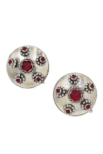 Shop Sangeeta Boochra Red Silver Hydro Stone Blossom Studs at Aza Fashions Shop_Sangeeta Boochra_Red Silver Hydro Stone Blossom Studs _at_Aza_Fashions