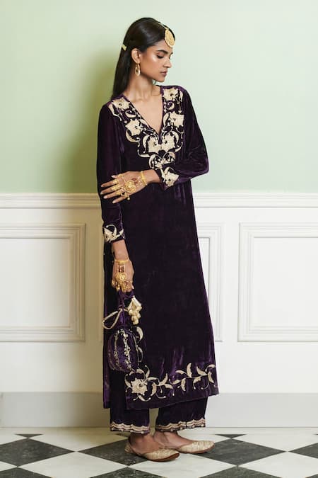 Buy Devnaagri Purple Velvet Zari, Embroidery V-neck Aari Kurta Set Online at Aza Fashions Buy_Devnaagri_Purple Velvet Zari, Embroidery V-neck Aari Kurta Set _Online_at_Aza_Fashions
