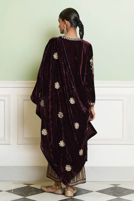 Shop Devnaagri Wine Velvet Embroidery, Sequins Round Neck Zardozi Kurta Set at Aza Fashions Shop_Devnaagri_Wine Velvet Embroidery, Sequins Round Neck Zardozi Kurta Set _at_Aza_Fashions
