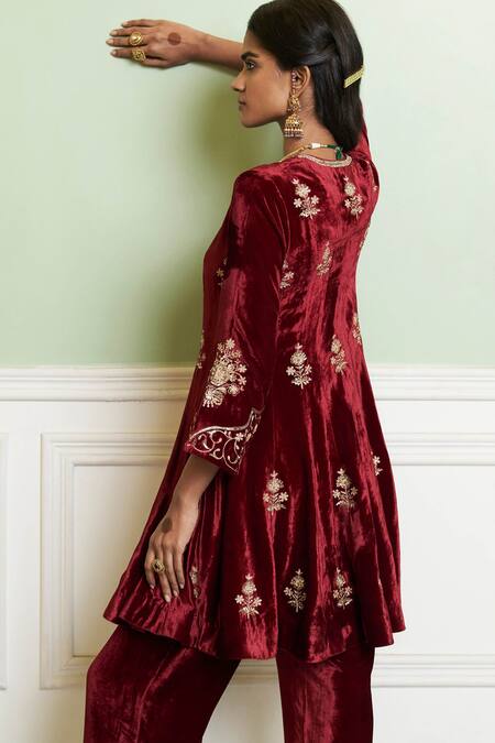 Devnaagri Maroon Silk, Velvet Embroidery V-neck Kalidar Kurta Set Online at Aza Fashions Devnaagri_Maroon Silk, Velvet Embroidery V-neck Kalidar Kurta Set _Online_at_Aza_Fashions