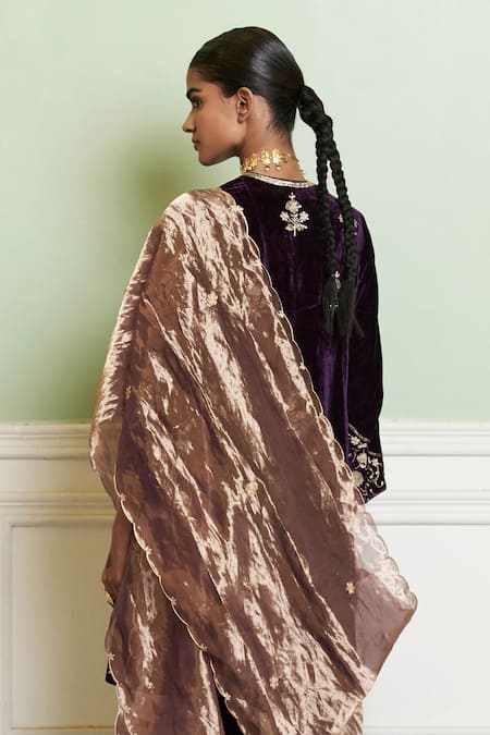 Shop Devnaagri Purple Velvet, Silk Embroidery V-neck Short Kalidar Kurta Pant Set Online at Aza Fashions Shop_Devnaagri_Purple Velvet, Silk Embroidery V-neck Short Kalidar Kurta Pant Set _Online_at_Aza_Fashions
