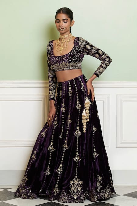 Devnaagri Purple Velvet, Silk, Tissue Sequins, Zari Deep Zardozi Embroidered Lehenga Set Online at Aza Fashions Devnaagri_Purple Velvet, Silk, Tissue Sequins, Zari Deep Zardozi Embroidered Lehenga Set _Online_at_Aza_Fashions